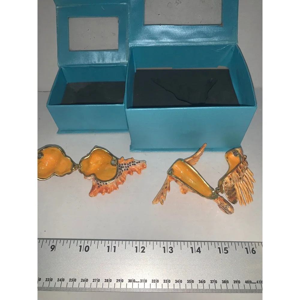 Lionfish and Conch Shell Enamel Trinket Boxes Set Crystal Accents Coastal Decor